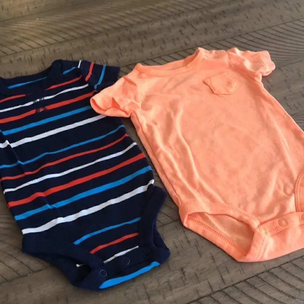 Carters Cotton Blend 2 Soft Onesies Nautical Stripes 🛳 and Neon Orange 🍊